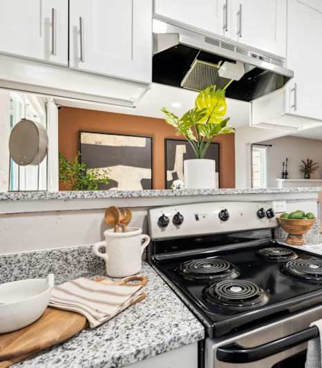 A modern kitchen at Woodcreek Apartments, North Carolina