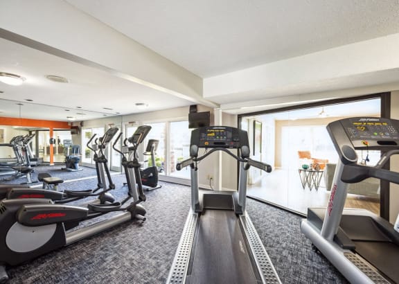 the gym at the is equipped with treadmills and ellipticals