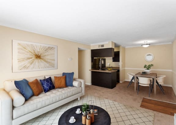 a living room with a couch and a table