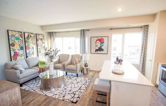a living room with a couch and a table