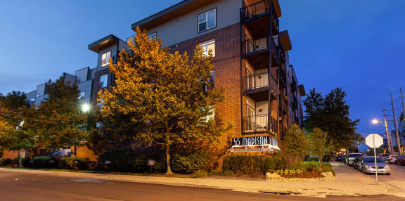 Property Exterior at night at 45 Madison Apartments, Kansas City