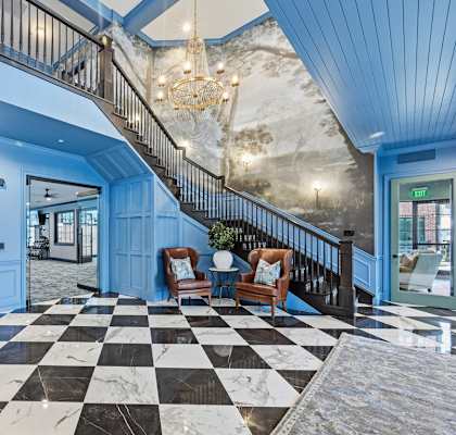 A black and white checkered floor in a room with blue walls. at Maison Apartments, Ohio, 43081
