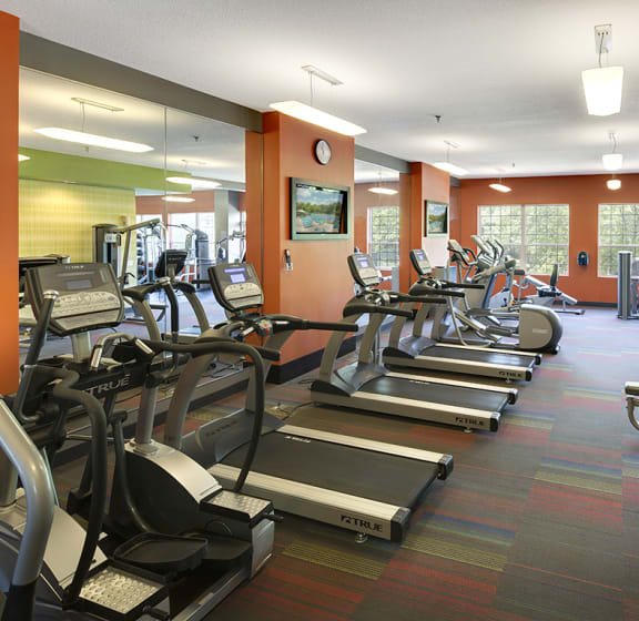 a gym with cardio equipment and weights on the floor  at Regency Woods, Minnetonka, Minnesota