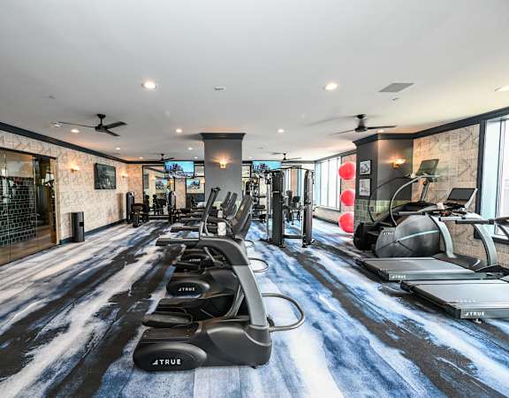 A gym with treadmills and exercise equipment.