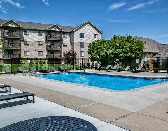 our apartments have a swimming pool and an apartment building