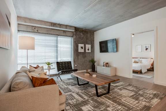 Living Room with a Couch and TV at an Art Museum at The Locks Tower in Richmond, Virginia