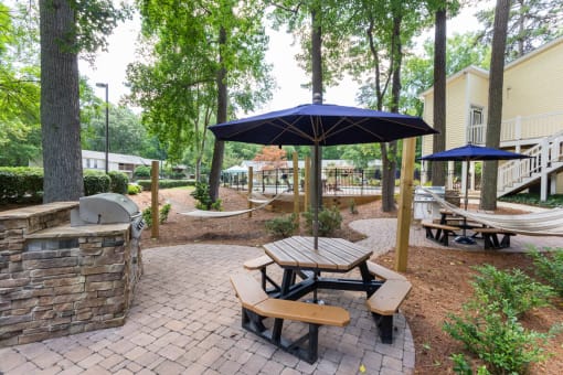 Shaded Outdoor Courtyard Area With Grill at Clarion Crossing Apartments, PRG Real Estate Management, Raleigh