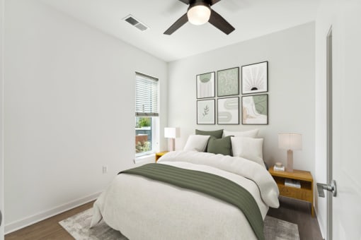 bedroom with a large bed and a ceiling fan at The Box, Richmond, VA, 23224
