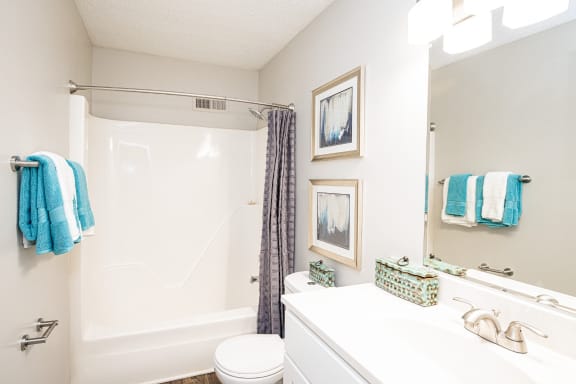 Bathroom with Showerl at Hyde Park Townhomes, PRG Real Estate Management, VA 23831