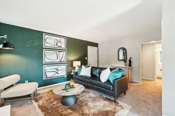 A living room with a black couch and a brown rug. at Woodcreek Apartments, North Carolina