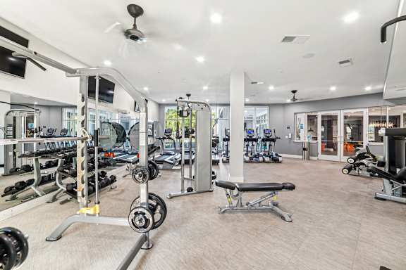 A spacious gym with a variety of equipment.