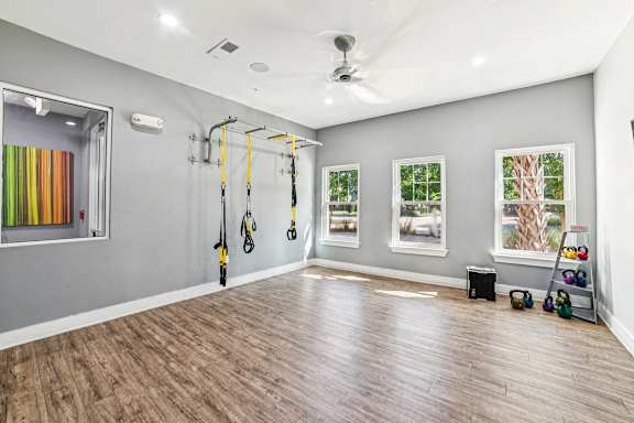 A room with a wooden floor and a wall-mounted exercise equipment.