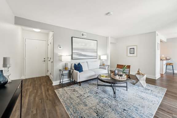 A living room with a white couch and a blue rug.