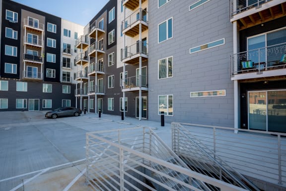a view of the back of the building from the stairs at East 51 At Rocketts Landing, Richmond, 23231