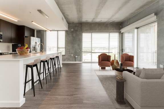 a view of the kitchen and living room in a 555 waverly unit at South Falls Tower, Richmond, VA, 23224