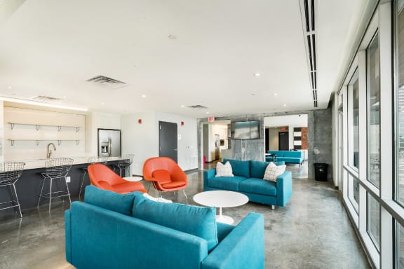 Living Room with Blue Couches at an Art Museum at The Locks Tower in Richmond, Virginia