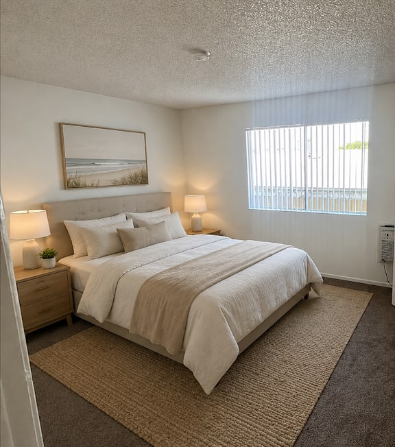 A well-lit bedroom with a large bed and a painting on the wall.