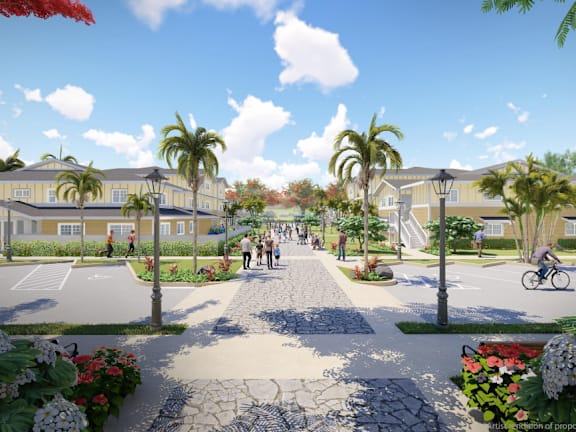 a rendering of a street with palm trees and buildings