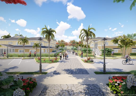 a rendering of a street with palm trees and buildings