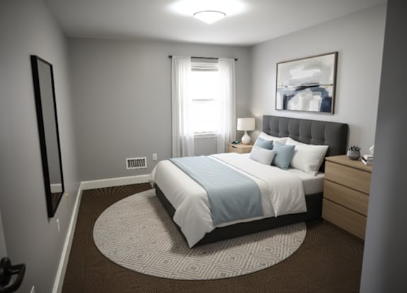 A bedroom with a large bed and a painting on the wall.