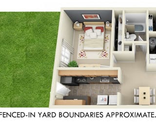 Willow with Fenced-in Yard. 1 bedroom apartment. Kitchen. living/dinning rooms. 1 full bathroom. closet. Door in kitchen opens to yard.