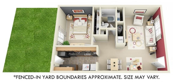 Willow with Fenced-in Yard. 1 bedroom apartment. Kitchen. living/dinning rooms. 1 full bathroom. closet. Door in kitchen opens to yard.