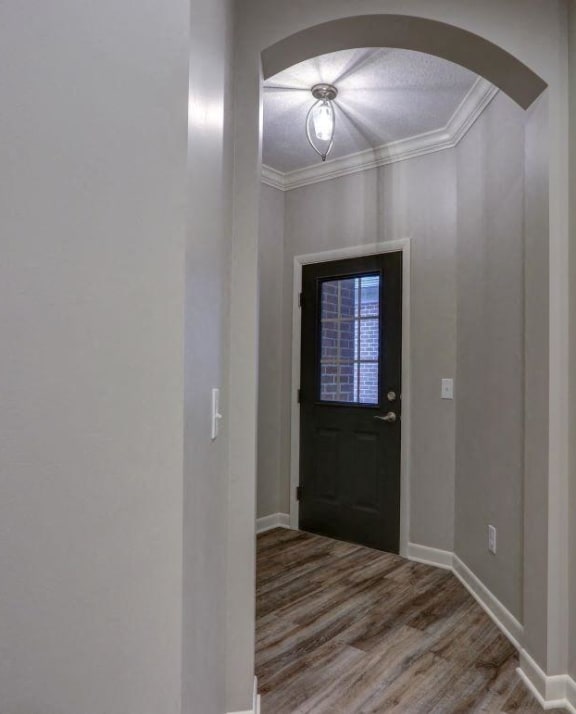 a hallway with gray walls and a black door