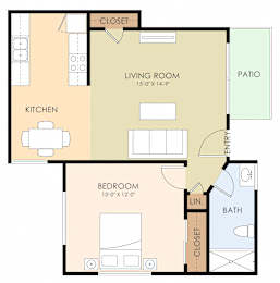 A floor plan of a small apartment with a kitchen, living room, bedroom, bathroom, and patio.