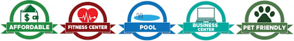 A series of five circular icons represent a fitness center, pool, elevators, senior housing, and business center.