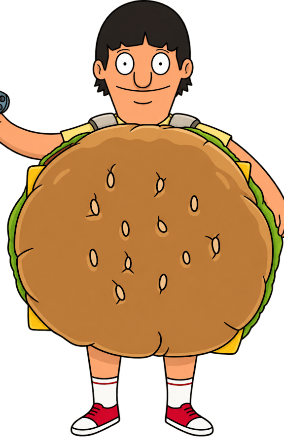 A cartoon of a man with a microphone and a burger.