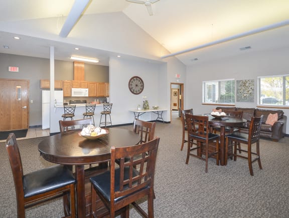 Clubhouse Kitchen, Lounge and Dining Area with Vaulted Ceilings