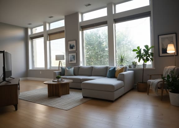 A living room with a white couch and a wooden coffee table.