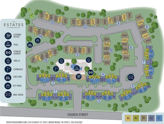 A map of a community with streets labeled A1 to C1. at The Estates at Brentwood, Tennessee