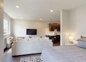 Thumbnail 5 of 11 - a studio apartment with a bed and a couch in front of a tv