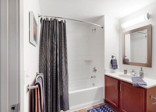 Spacious bathroom with tub and shower and large vanity in a 1 bedroom floor plan Midtown Crossing Apartments Omaha