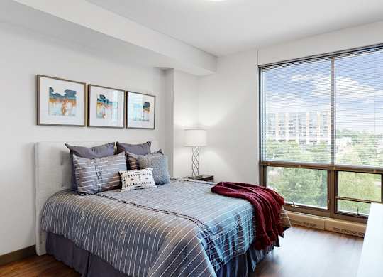 Spacious bedroom with floor-to-ceiling windows a 1 bedroom floor plan Midtown Crossing Apartments Omaha