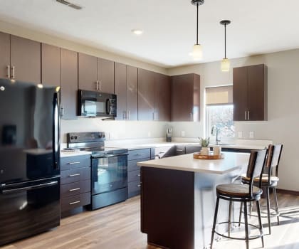 Furnished apartment kitchen with dark finish style and all black kitchen appliances