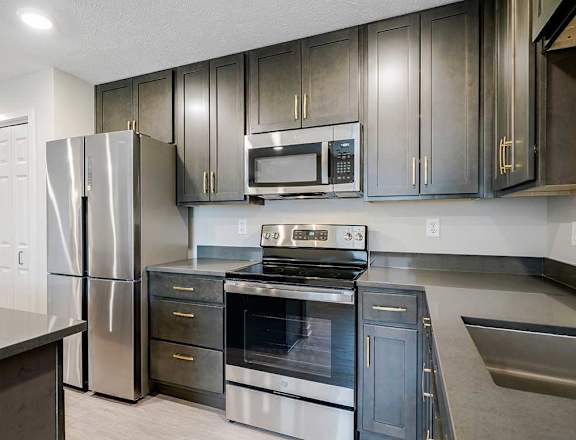 a kitchen with stainless steel appliances and dark cabinets