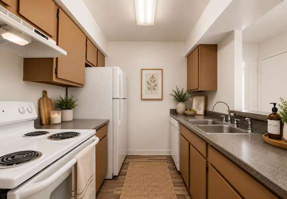 A kitchen with brown cabinets and a white stove.