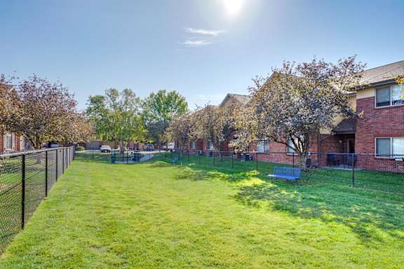 A sunny day at a grassy park with trees and a fence.