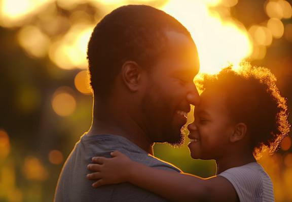 a father and child smiling at each other