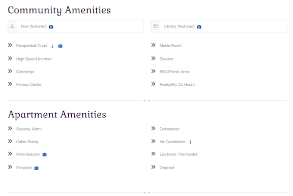 A list of amenities for community and apartment living.
