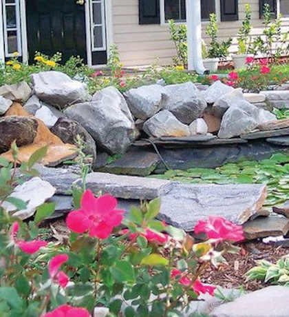 small pond and pink flowers in front of leasing office