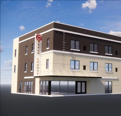 a rendering of a hotel building with a blue sky in the background