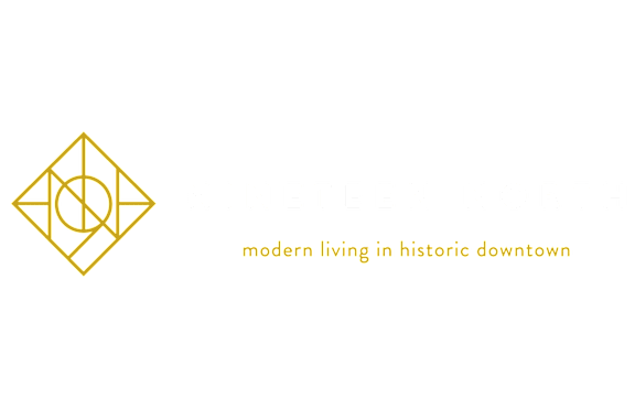 A logo with a geometric design and the words "NINETEEN NORTH" and "modern living in historic downtown" are displayed.