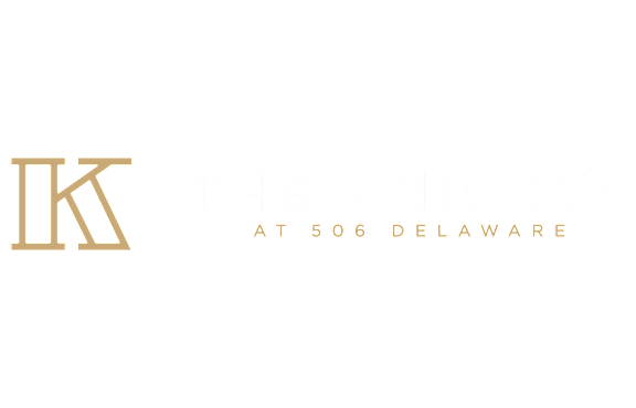 A logo with the text "The Knights at 506 Delaware" on a green background.