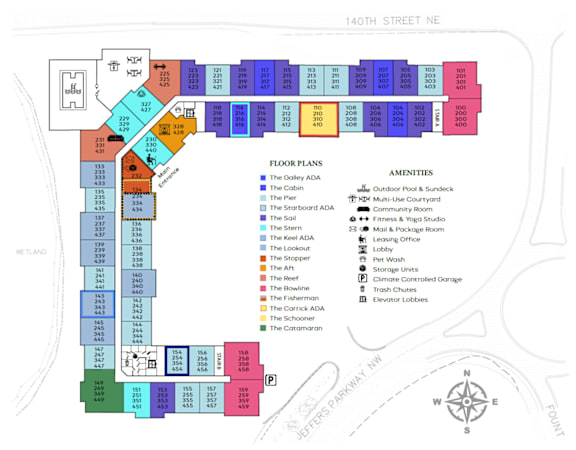 A map of a floor plan with various colored sections and labels for different rooms and amenities.