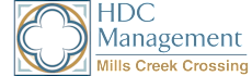 A logo with a flower design and the words HDC Management Mills Creek Crossing.