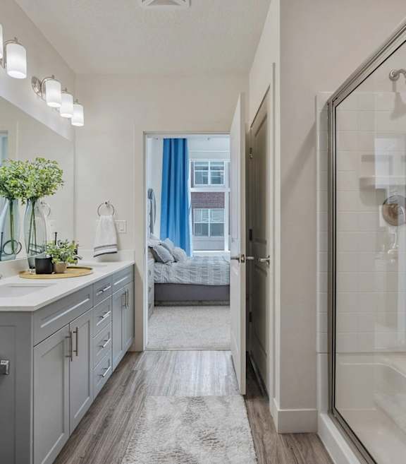 A bathroom with a sink, mirror, and a bedroom in the background.