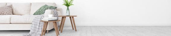 a living room with a couch and a table with a plant
